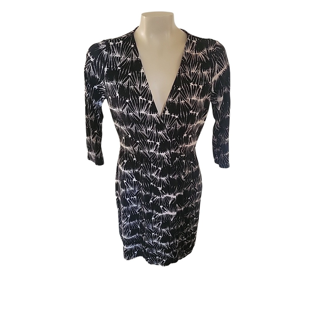 Willi Smith Black White Abstract Print Faux Wrap Midi Dress‎ M officecore career